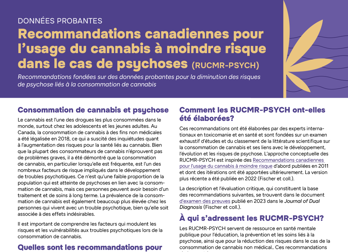 Recommandations canadiennes pour l’usage du cannabis à moindre risque dans le cas de psychoses